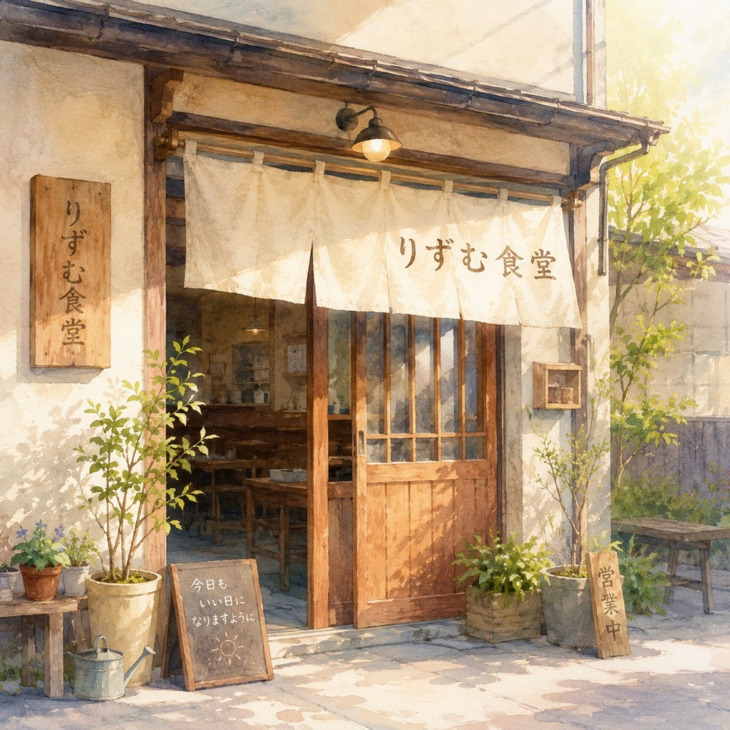 りずむ食堂の暖簾と店構えのイラスト