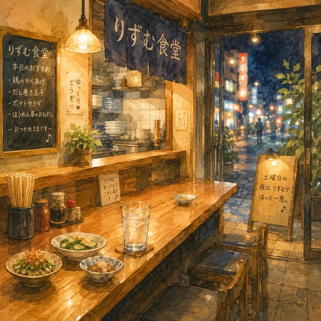 りずむ食堂のカウンターと暖簾のイラスト