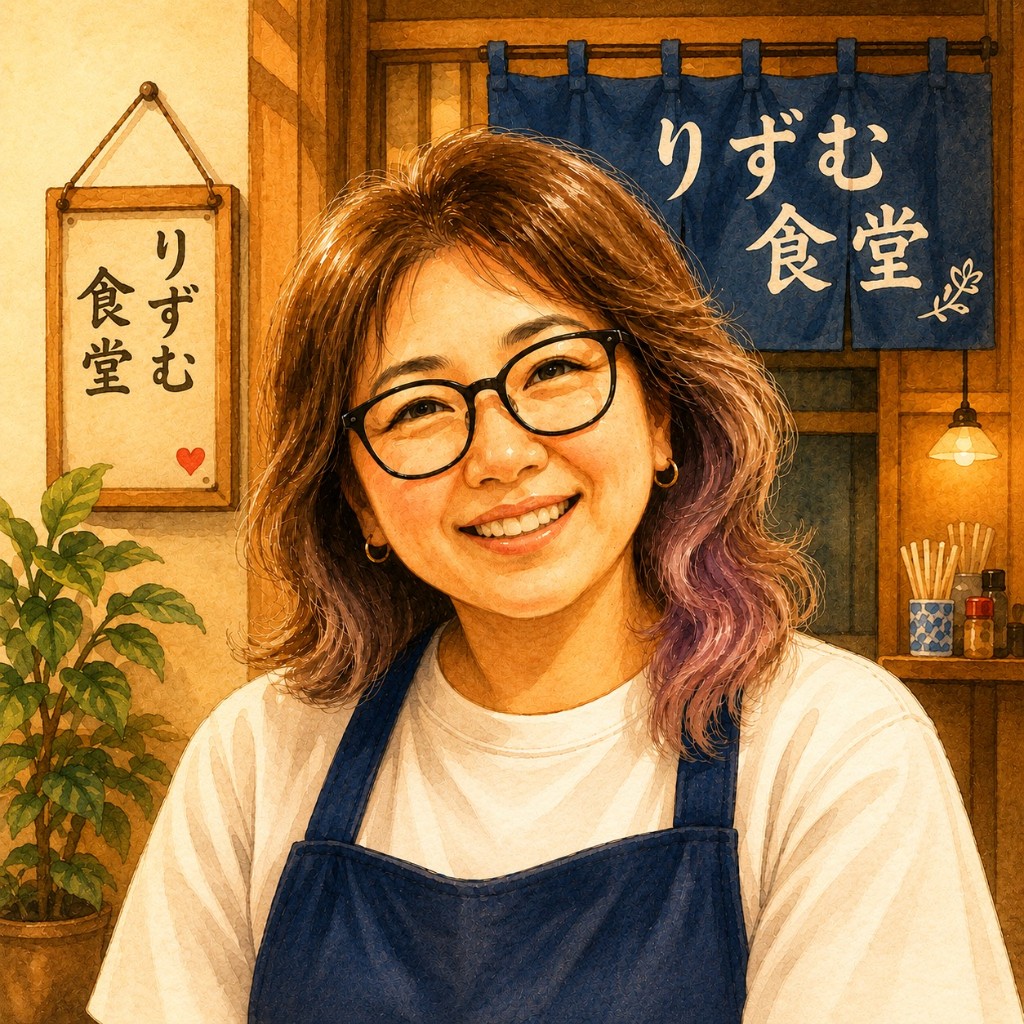 女将のりずむのイラスト。のれんの前で笑顔の女性